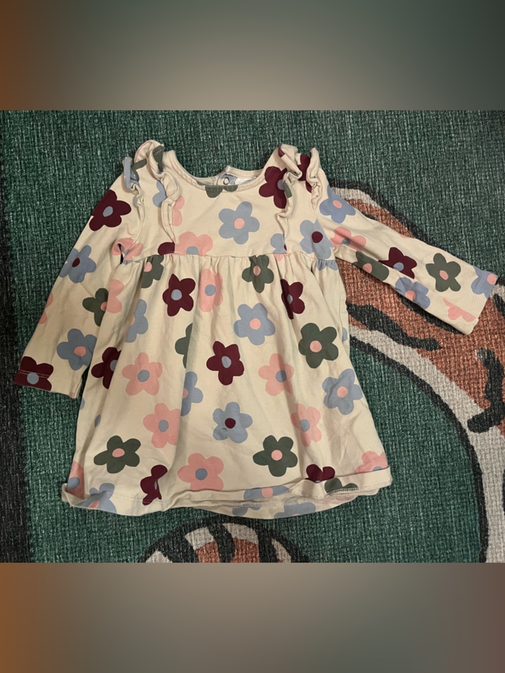 Cotton On Baby Cream Dress with Pink, Blue & Burgundy Floral Accents